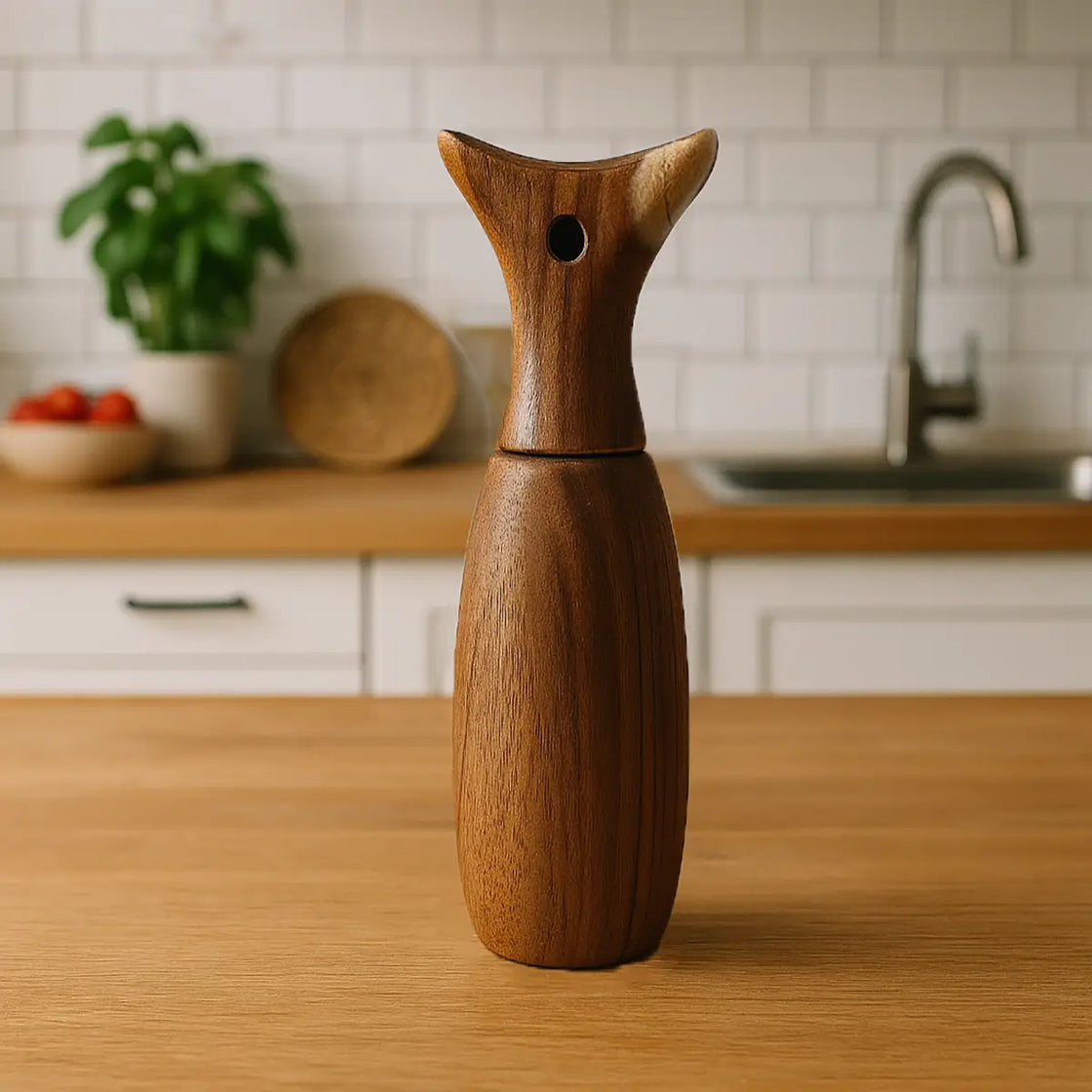 whale tale peper mill is standing on the wooden table in the kitchen