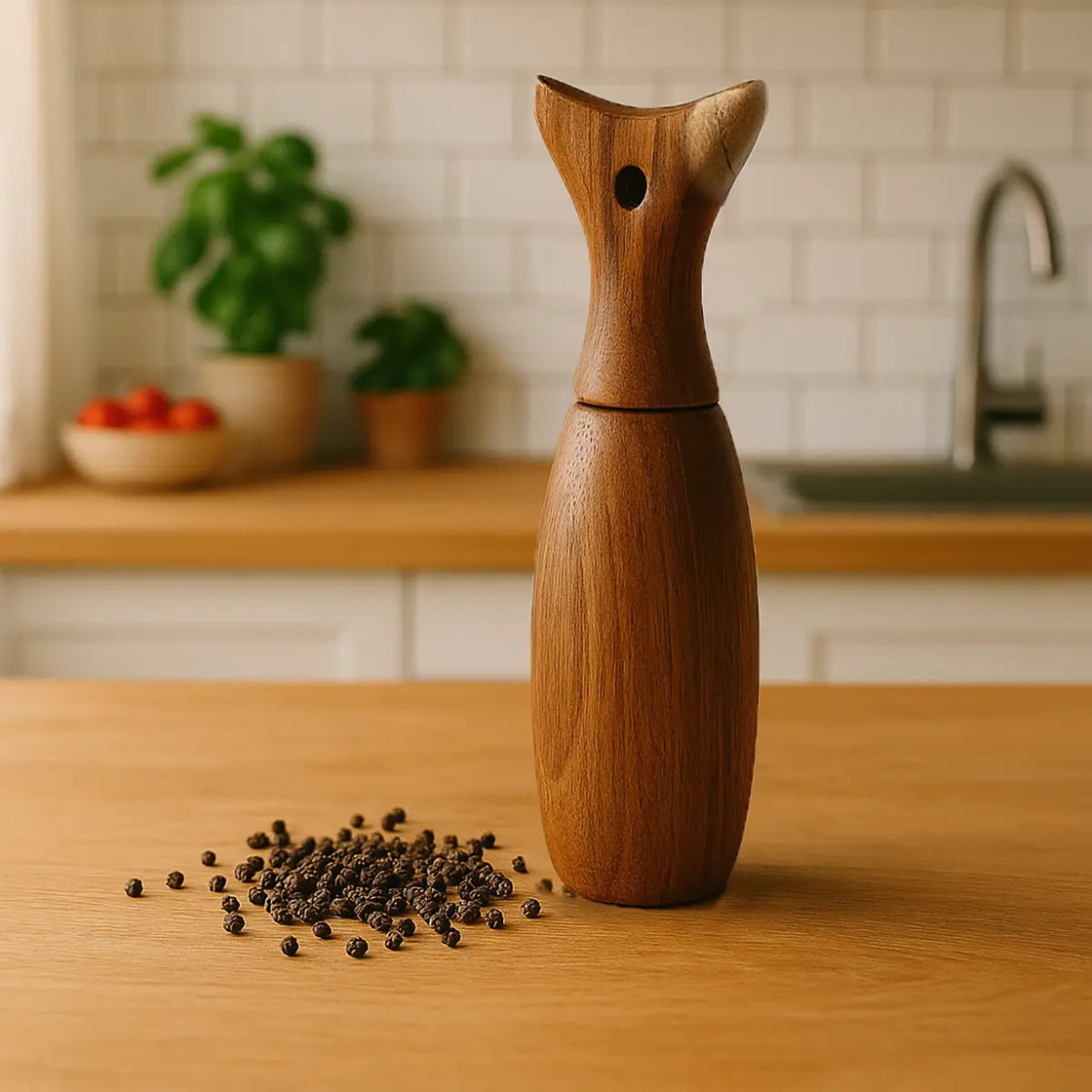 Wooden pepper grinder on a kitchen counter with black peppercorns.