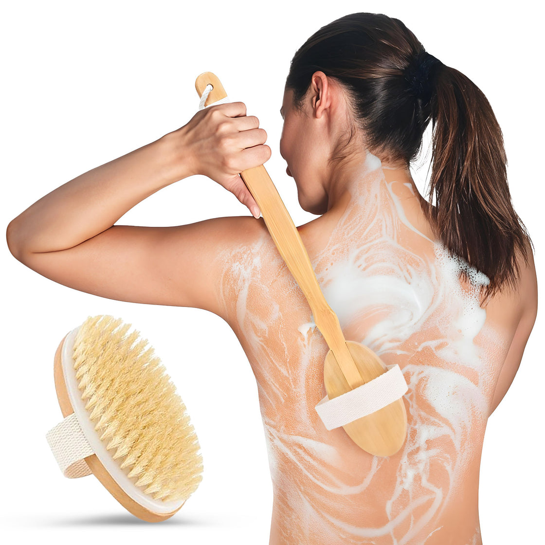 A woman using a long-handled bamboo back brush covered in foamy soap to clean her back. The detachable round brush head with natural bristles is displayed in the foreground.