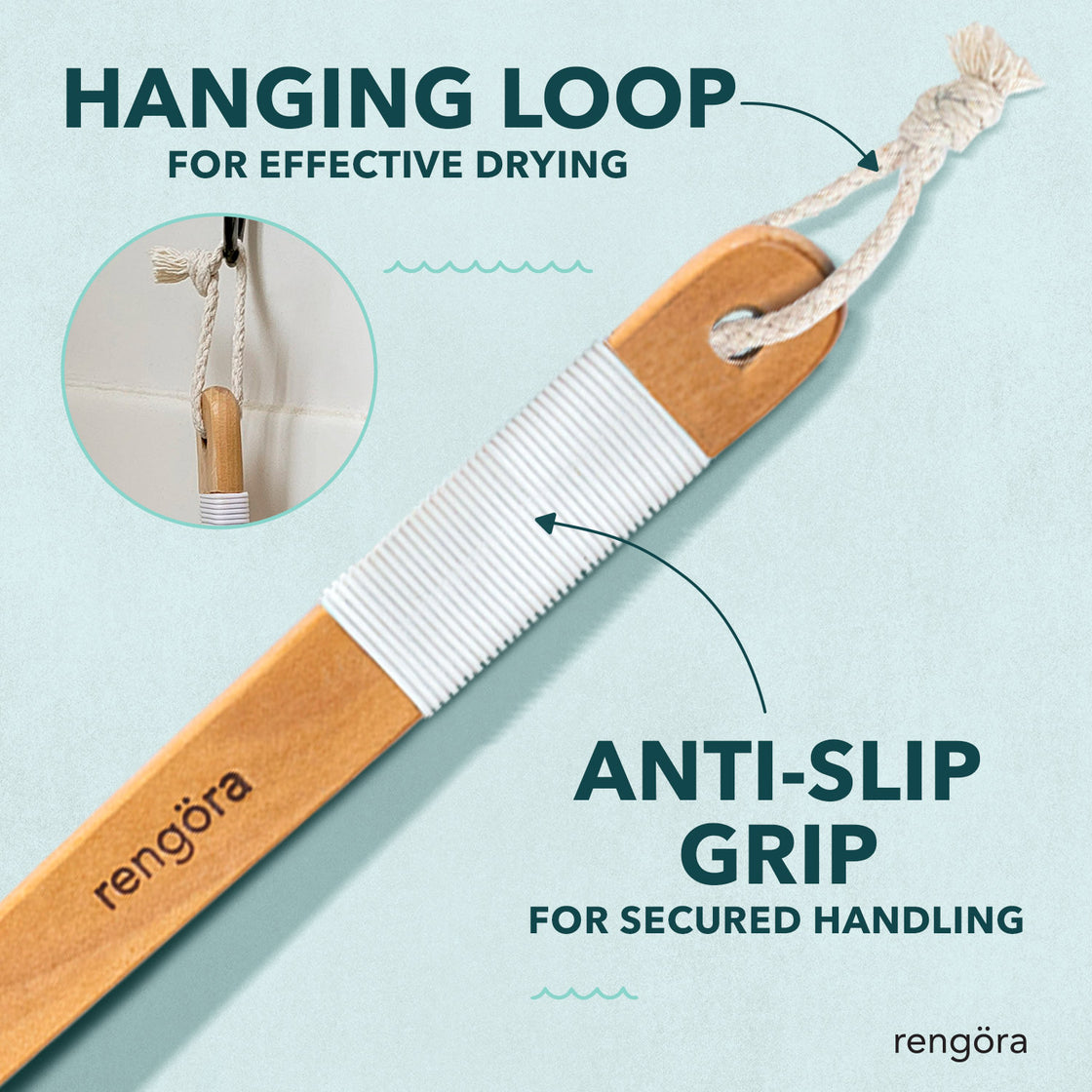 A detailed view of the anti-slip grip on the bamboo handle of the back brush, along with its hanging loop for easy drying. 