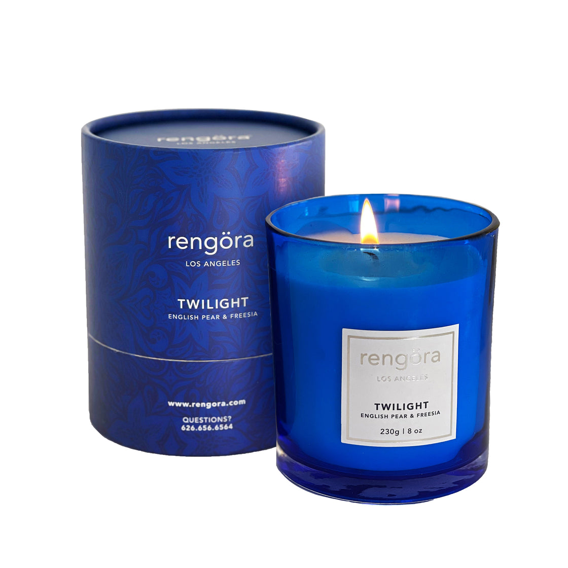 beautiful gift-ready packaging for rengöra's soy wax candle in blue glass