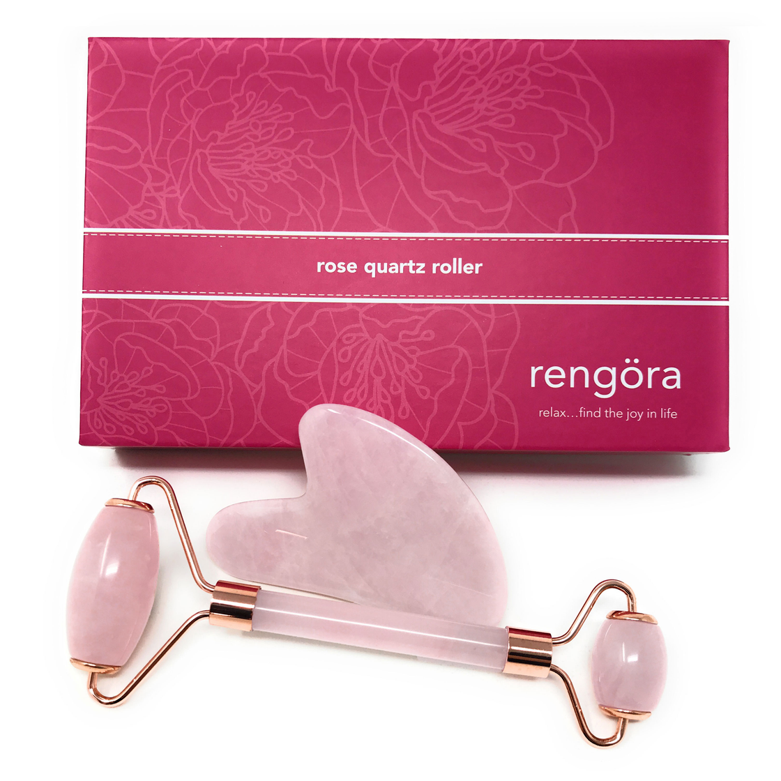 rengora rose quartz roller with a pink packaging situated in the background, set against a white backdrop