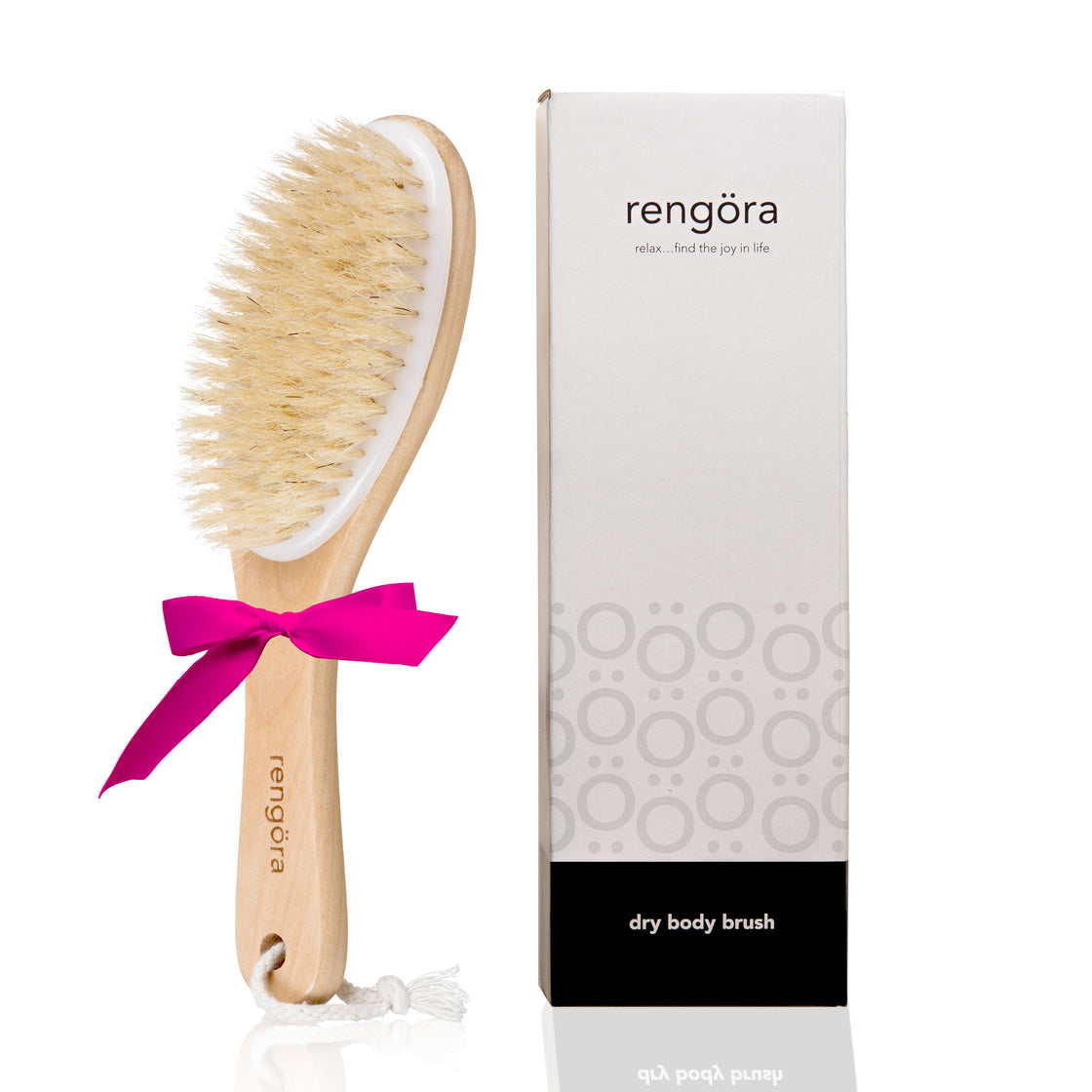 rengora's dry body brush with black and white packaging and pink bow
