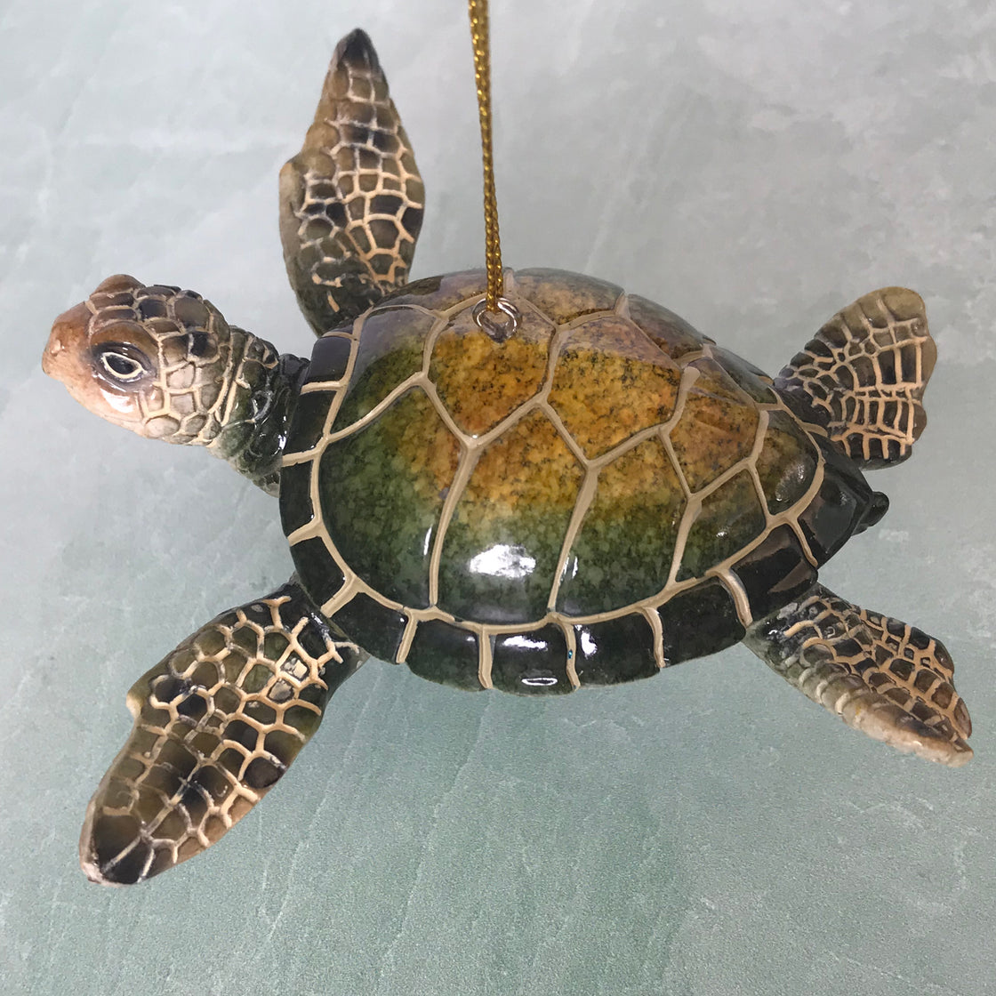 top view of hand-painted ceramic green sea turtle ornament