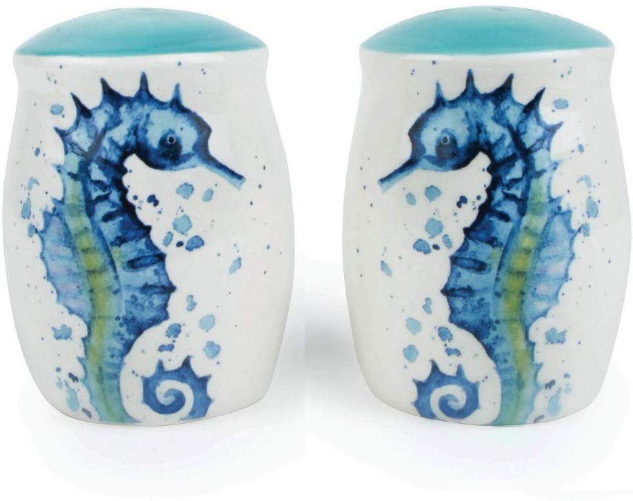 closeup of teal and creamy white seahorse salt and pepper shakers