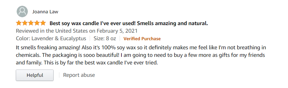 A contented Amazon customer leaves a 5-star review, describing the product as the 'finest soy wax candle I've ever experienced! The scent is both incredible and authentic