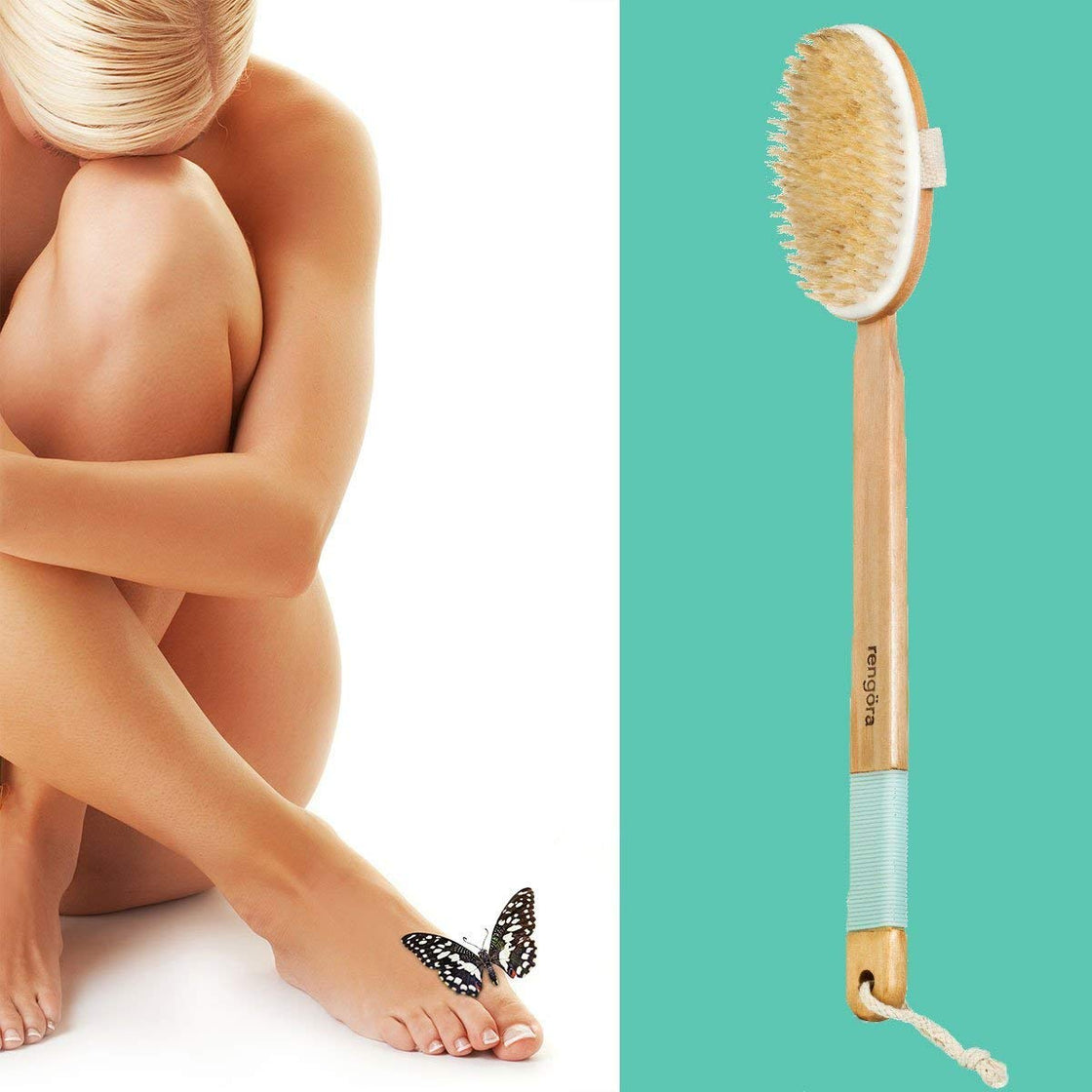 blonde woman sitting with butterfly on her toe with exfoliating brush by Rengora