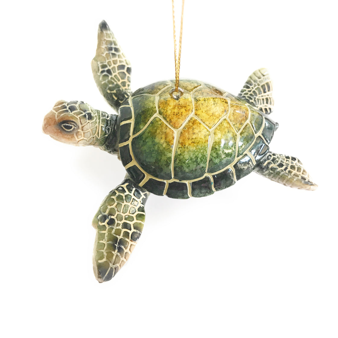 top view of rengöra green sea turtle Christmas ornament  on a white background
