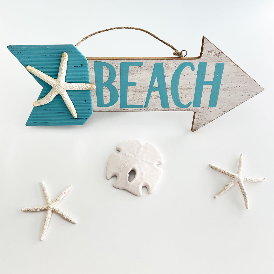Teal Blue Beach Arrow Wood Sign with Starfish Accent and Jute Rope