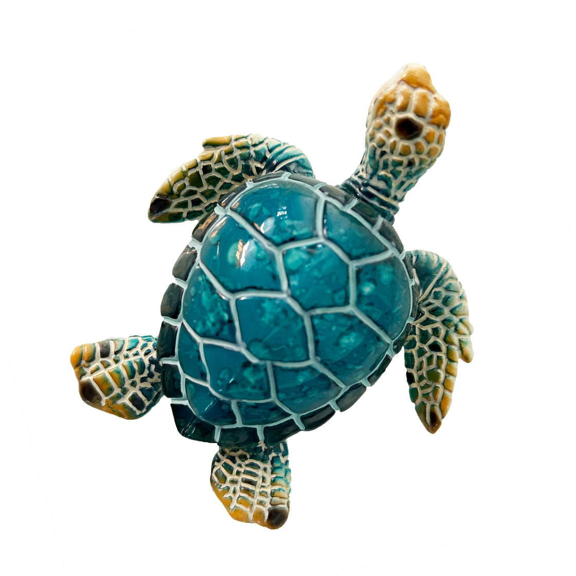 This small, decorative magnet features the likeness of a turtle, painted in a pleasing shade of blue. Its smooth, glossy surface and well-defined turtle shape give it a delightful and eye-catching appearance by rengora