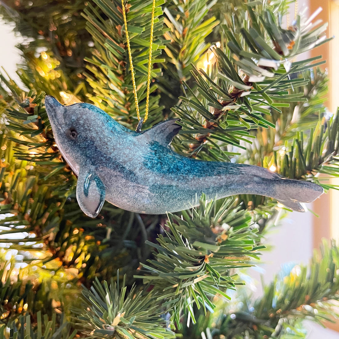 Christmas Ornaments - Hand-Painted Blue Dolphins - Stocking Stuffers, Scuba Divers and Ocean Lovers (Solo Dolphin)