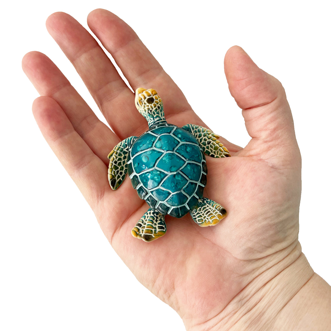A close-up view of a Rengora turtle magnet held in the palm of a hand