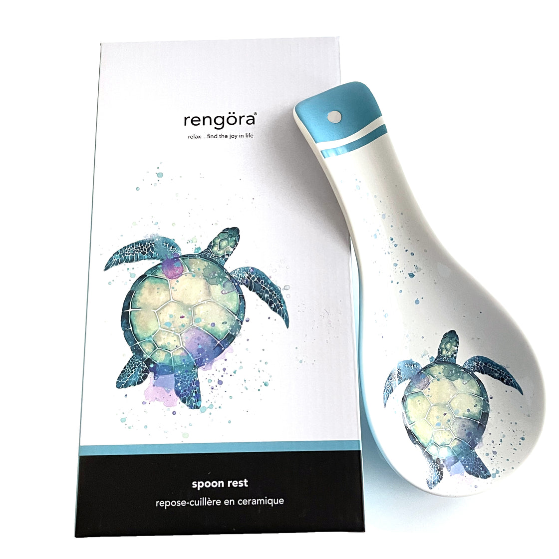sea turtle spoon rest ceramic teal with white and blue and green shown with beautiful gift box packaging it comes in