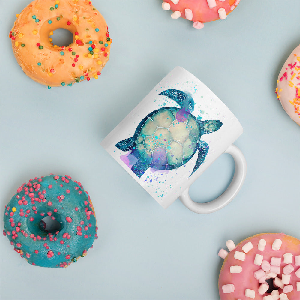 11 oz sea turtle mug shown with donuts
