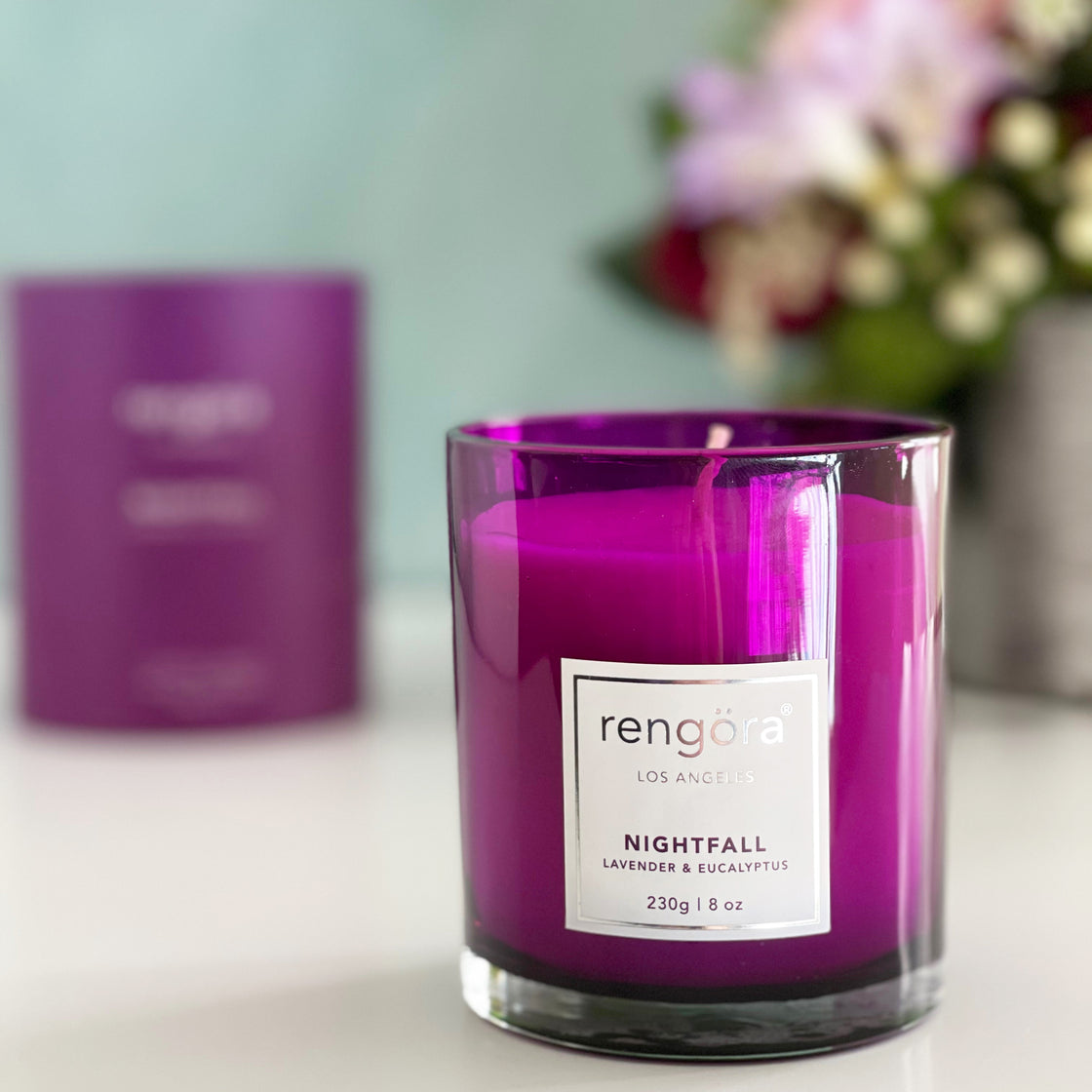 rengöra's Nightfall scented candle: lavender & eucalyptus in a beautiful purple glass container