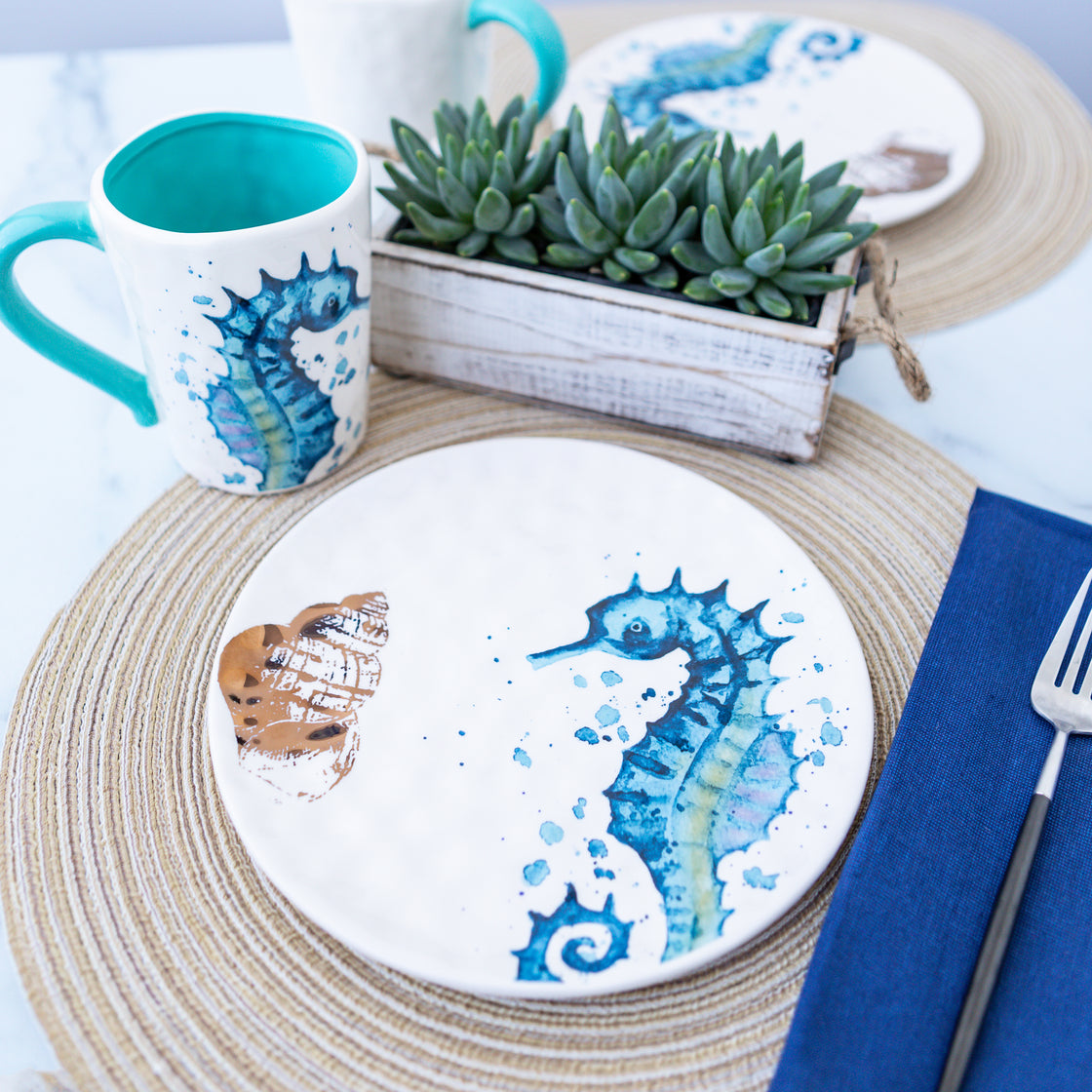 seahorse dessert plate pictured with seahorse coffee mug and succulent plant