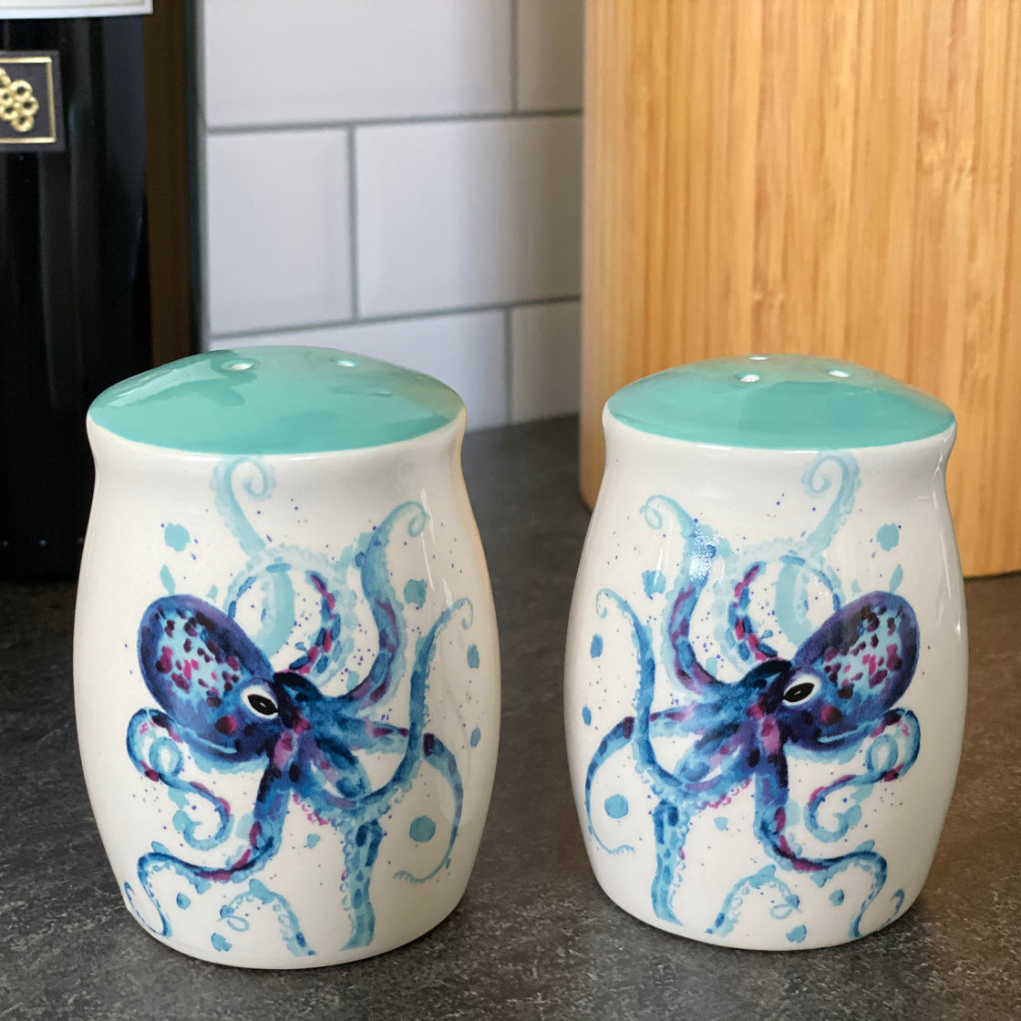 cute salt and pepper shaker set - teal and cream with blue watercolor painted octopus